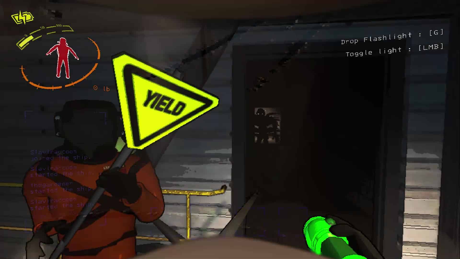 Lethal Company Bracken: A player holding a sign next to a doorway where a Bracken is standing in the dark.