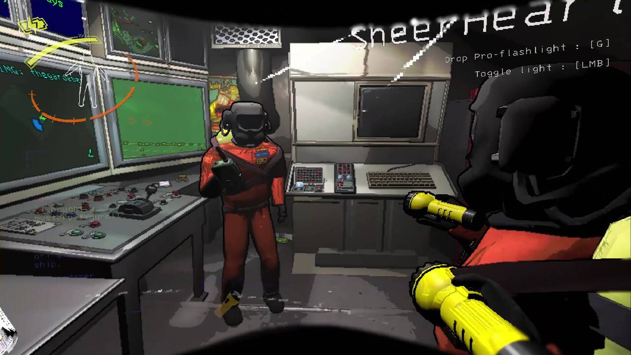 Lethal Company computer commands: Three players standing around near the computer terminal in their ship.