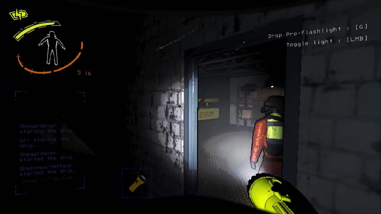 Lethal Company hazard levels: shining a flashlight through a doorway with a player on the other side.