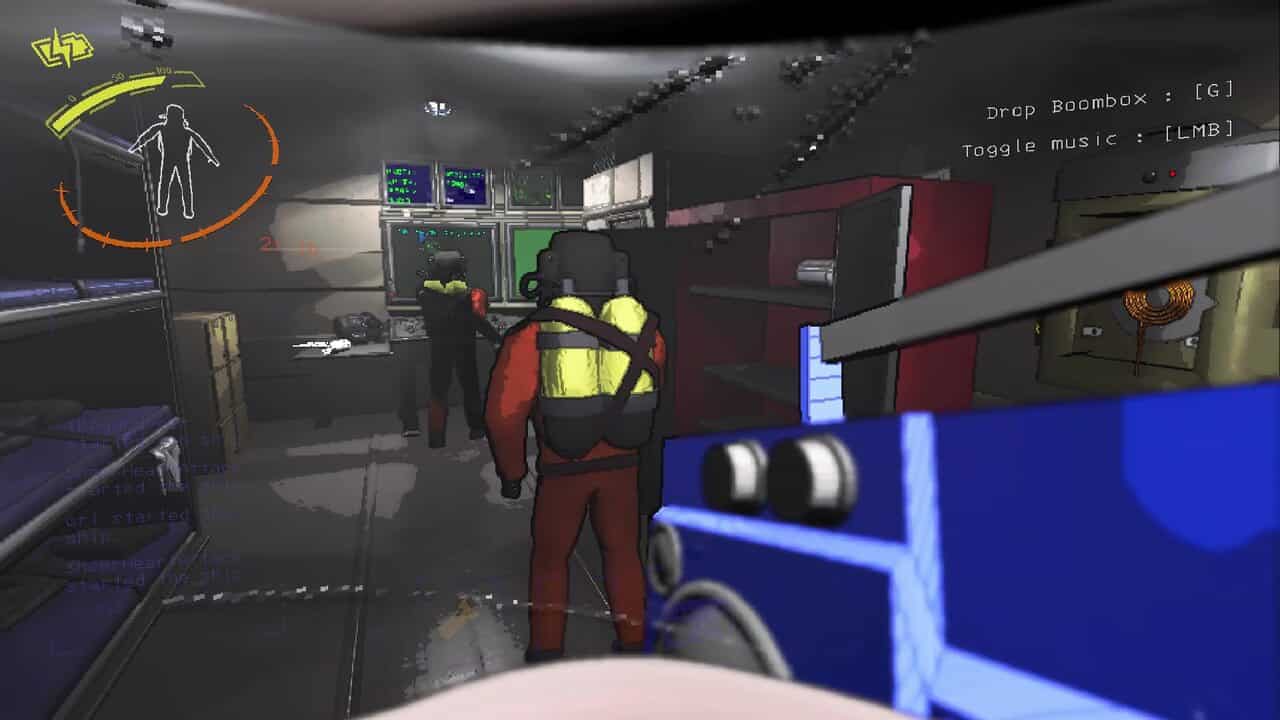 Lethal Company sales: A player holding a boombox looking towards two other players in their ship.