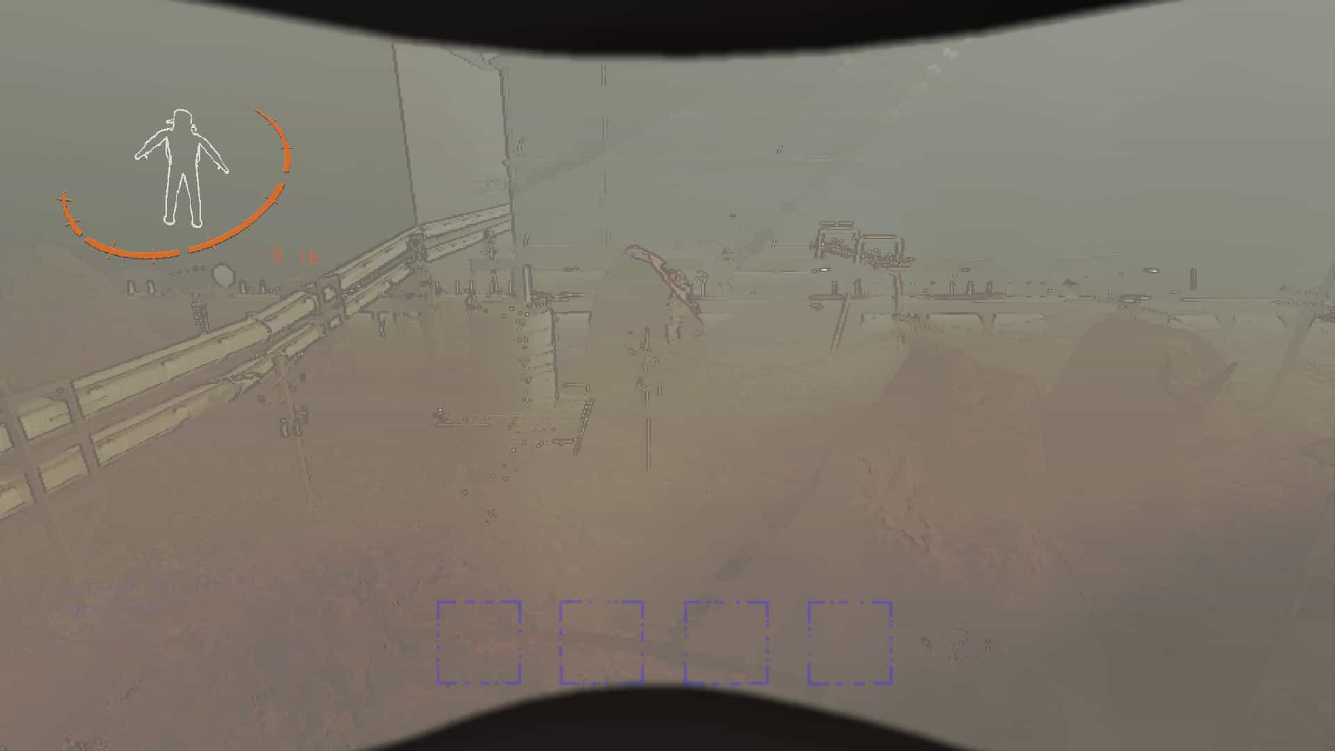 Lethal Company single player: A player walking through a dusty outside area.