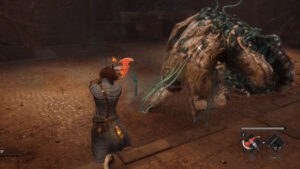Best Lies of P weapon combos and how to assemble weapons: P guards with a Fire Axe blade and Wintry Rapier handle combo weapon against a large decay monster.