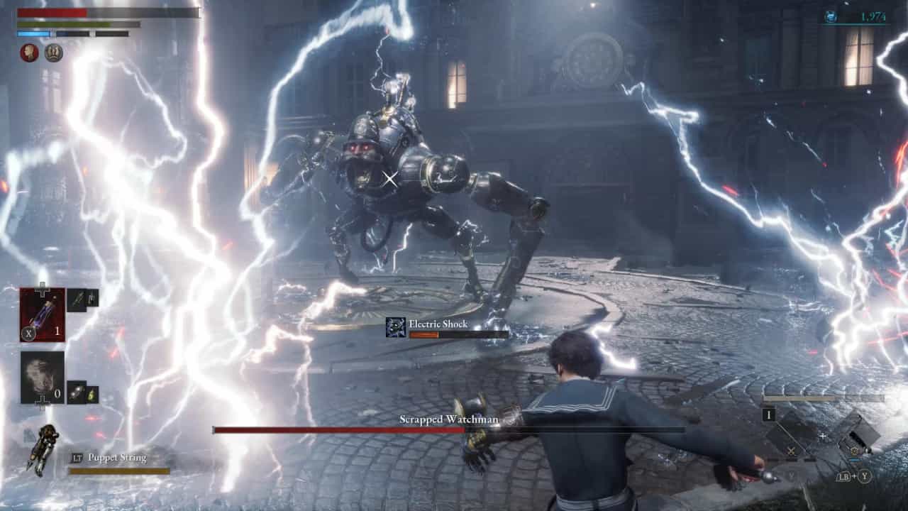 Lies of P how to beat the Scrapped Watchman: The Watchman unleashes a barrage of lightning strikes across the arena.