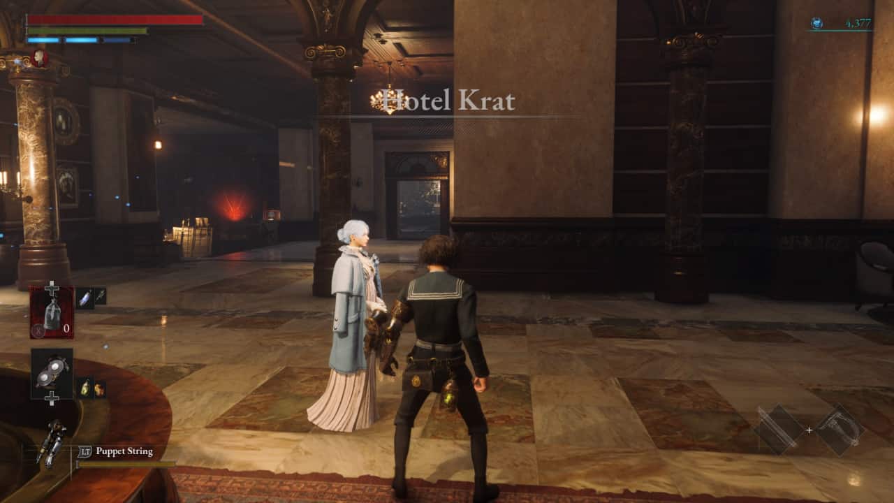 Lies of P how to level up and all stats explained: P approaches Sophia in the lobby of Hotel Krat.
