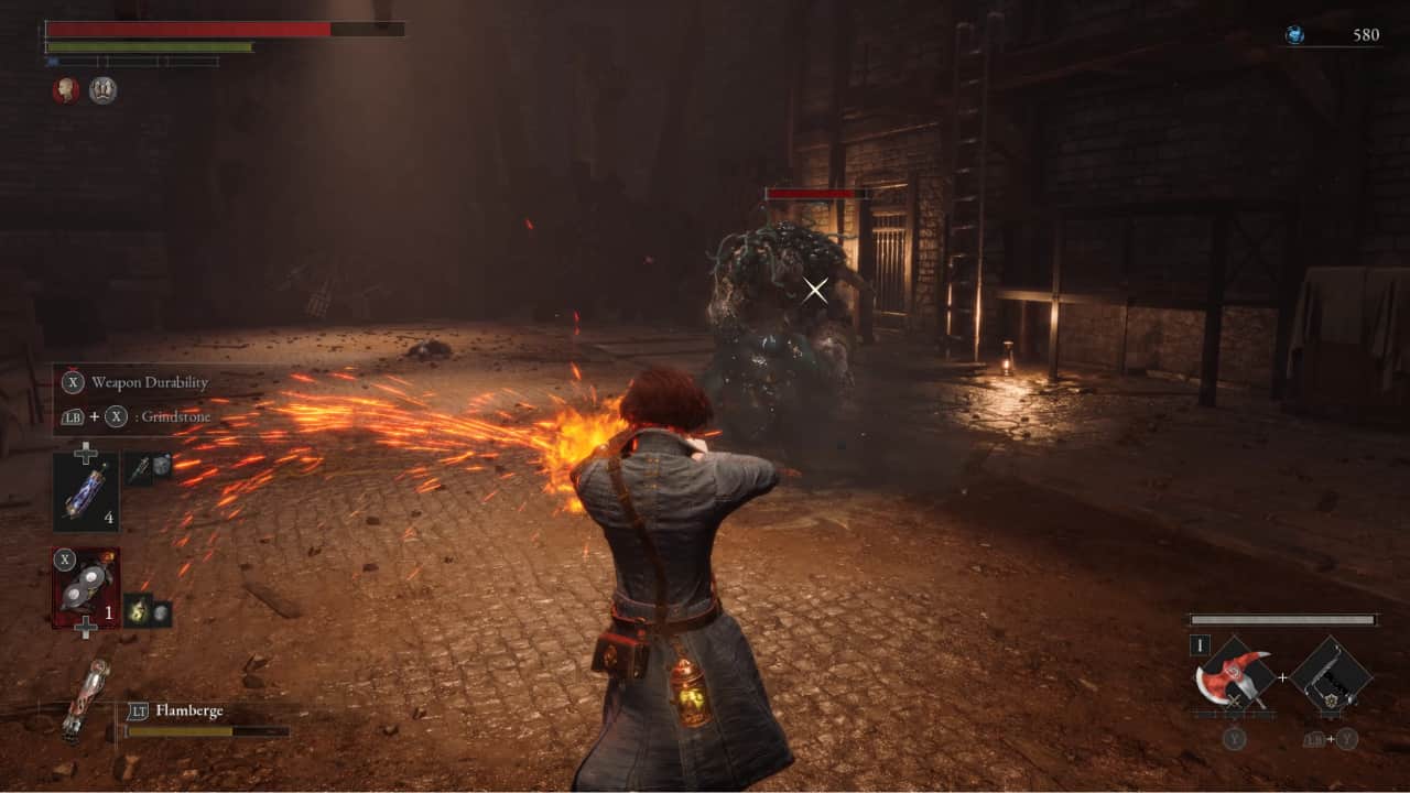 Lies of P how to repair weapons: P applies a flame aspect to his weapon using the grindstone feature.