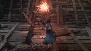 Lies of P how to upgrade weapons: A weapon connects with an enemy, creating a flurry of sparks.