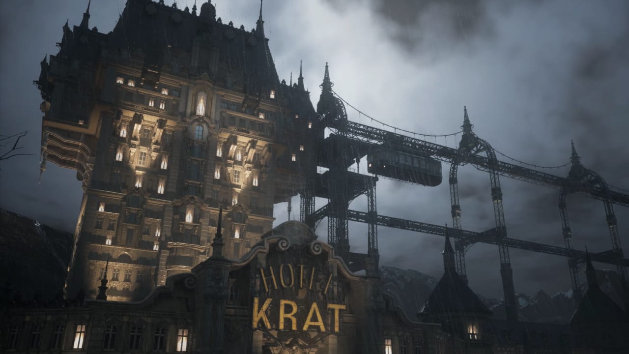 Should you Lie at Hotel Krat in Lies of P: A wide shot of Hotel Krat in a storm.