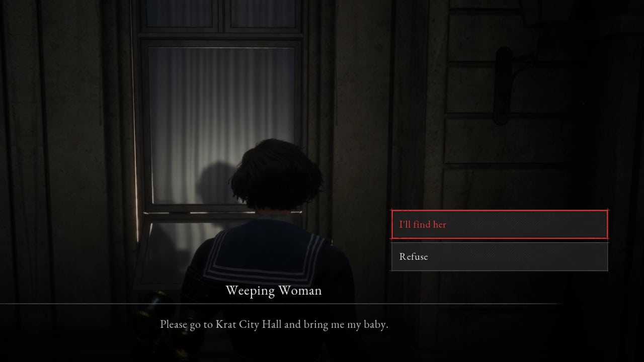 Should you lie or tell the truth to the Weeping Woman in Lies of P: Agreeing to find the Weeping Woman's baby.