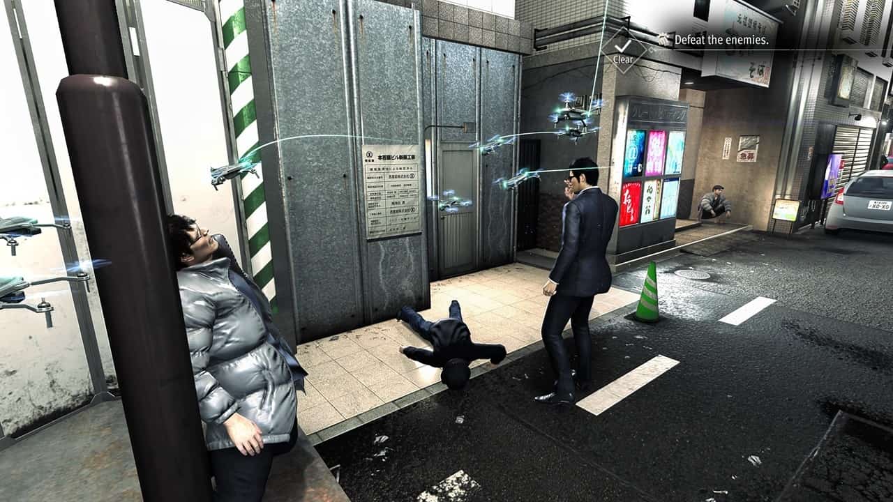 Like a Dragon Gaiden review: Kiryu uses drones to fight enemies.