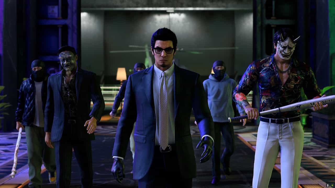 Like a Dragon Gaiden review: A group of people in suits and masks walking down a hallway with Kiryu.