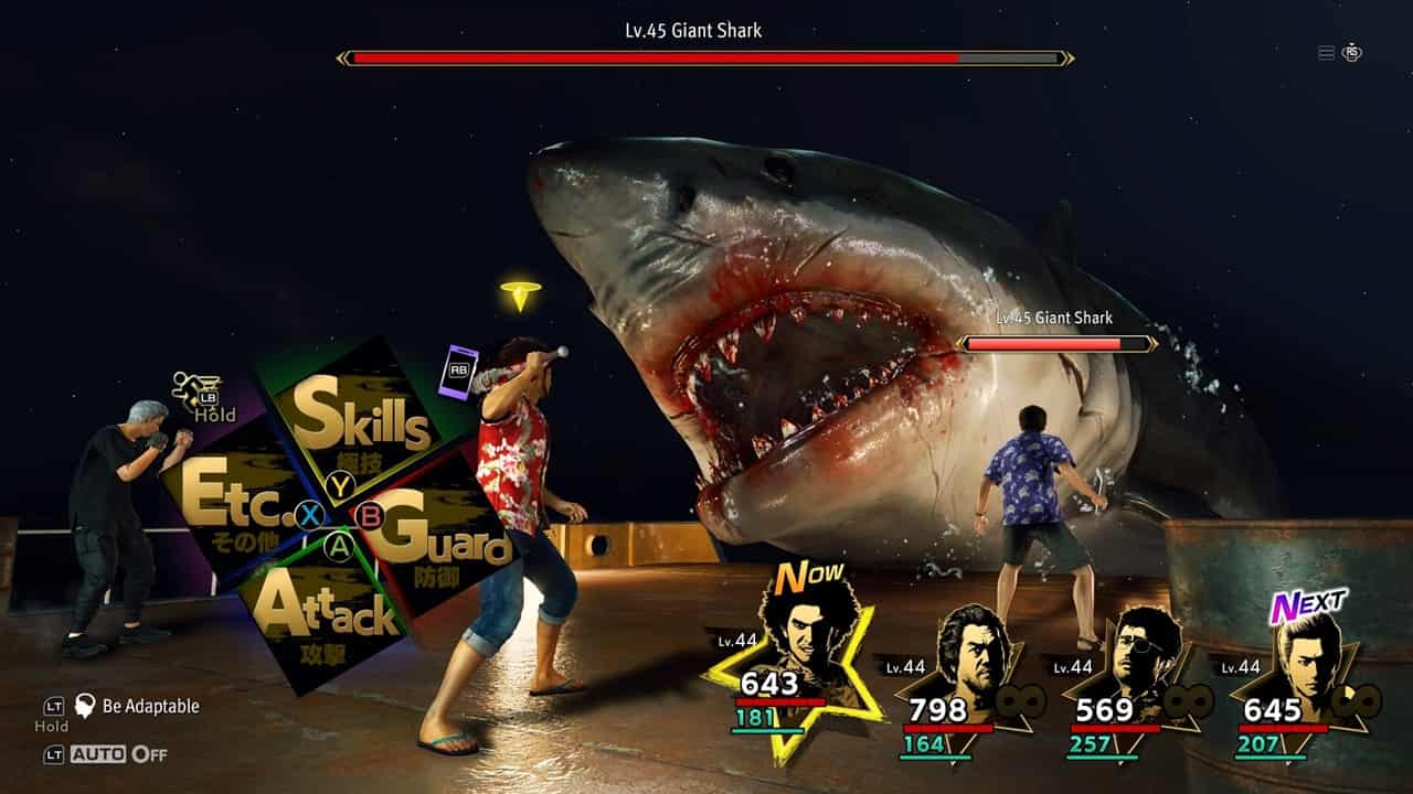 An image of a party fighting a shark in Like a Dragon Infinite Wealth. Image from Sega.
