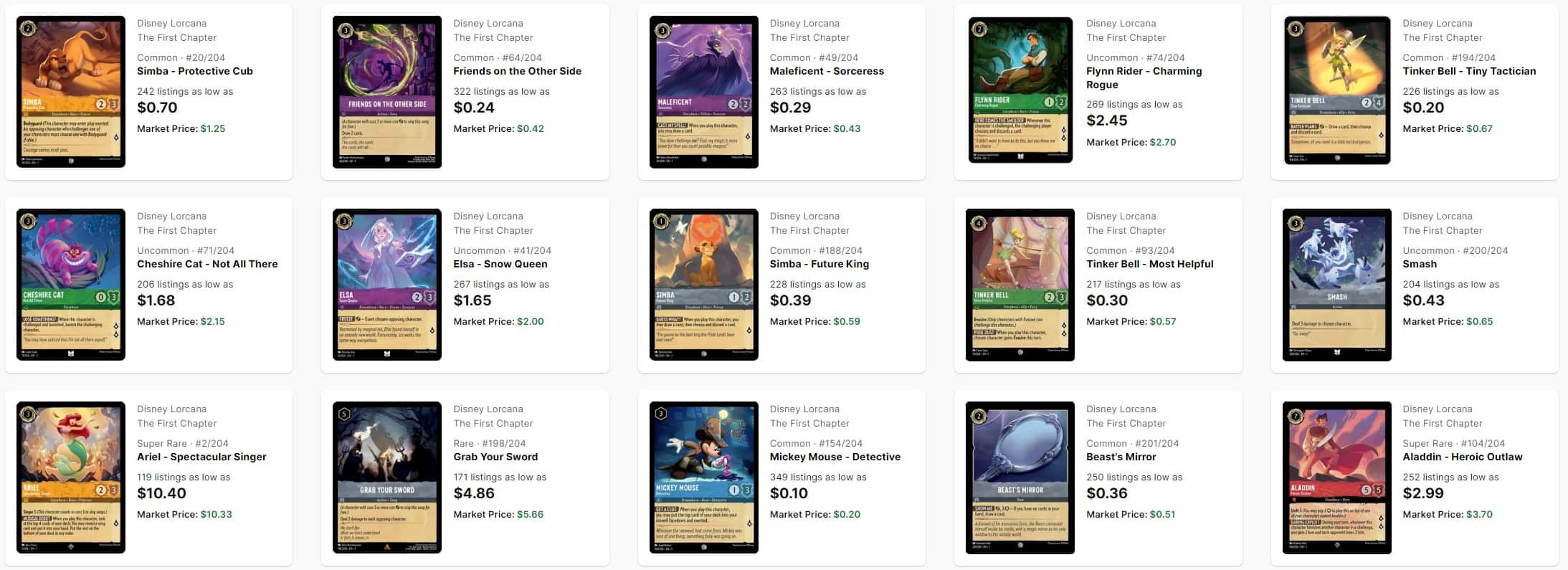 A picture of Lorcana cards on TCGplayer