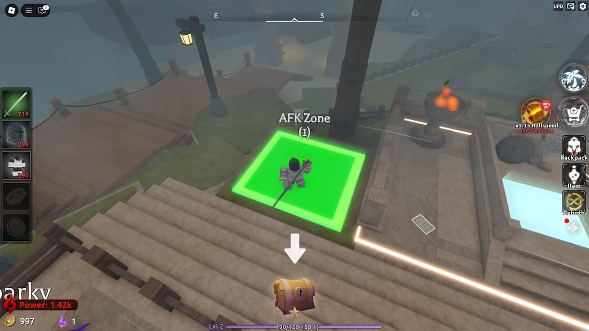 A Roblox character in Lootfiy standing on a glowing green square.