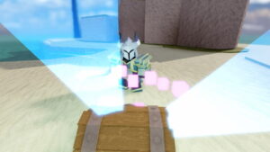 A Roblox character in Lootify wearing armor and a sword, in front of a glowing chest.