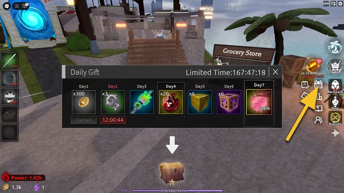 The Daily Gift window in Lootfiy, showing what rewards you can get.
