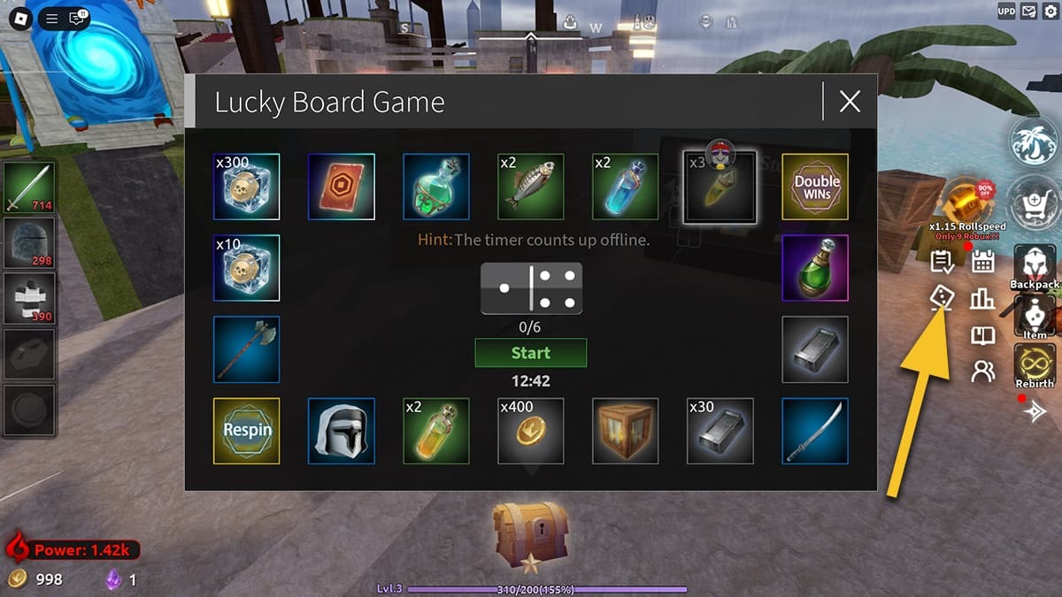 The Lucky Board Game window in Lootfiy, showing various rewards.