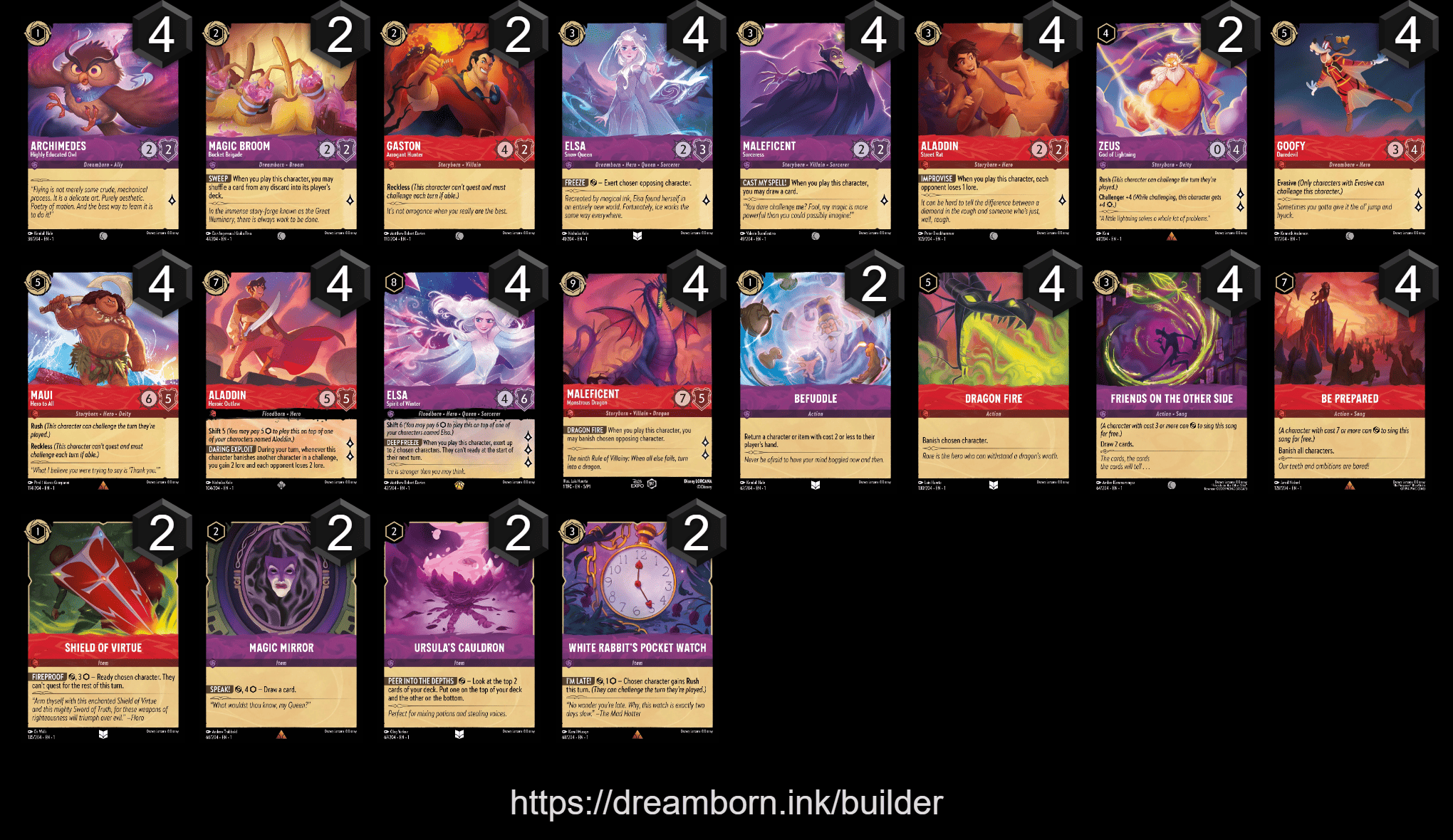 A deck list of Amethyst Ruby Control in Disney Lorcana