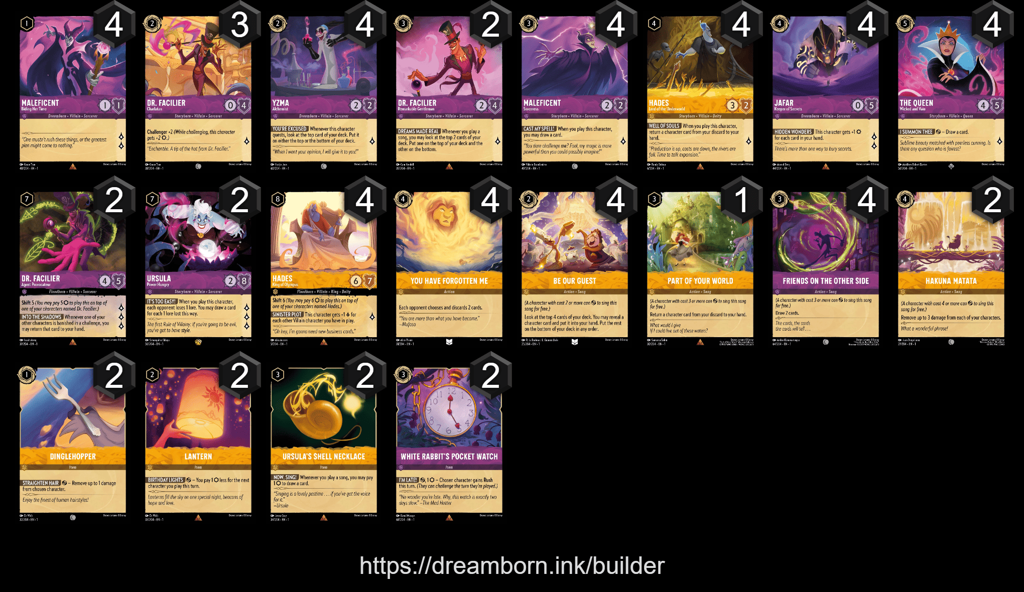 A deck list of Amber Amethyst Villains in Disney Lorcana