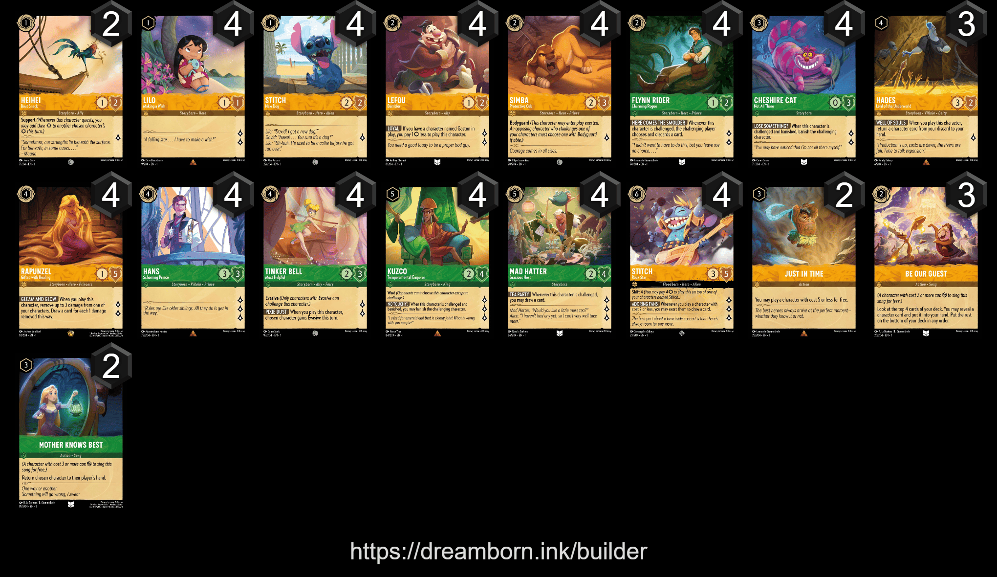 A deck list of Amber Emerald Aggro in Disney Lorcana