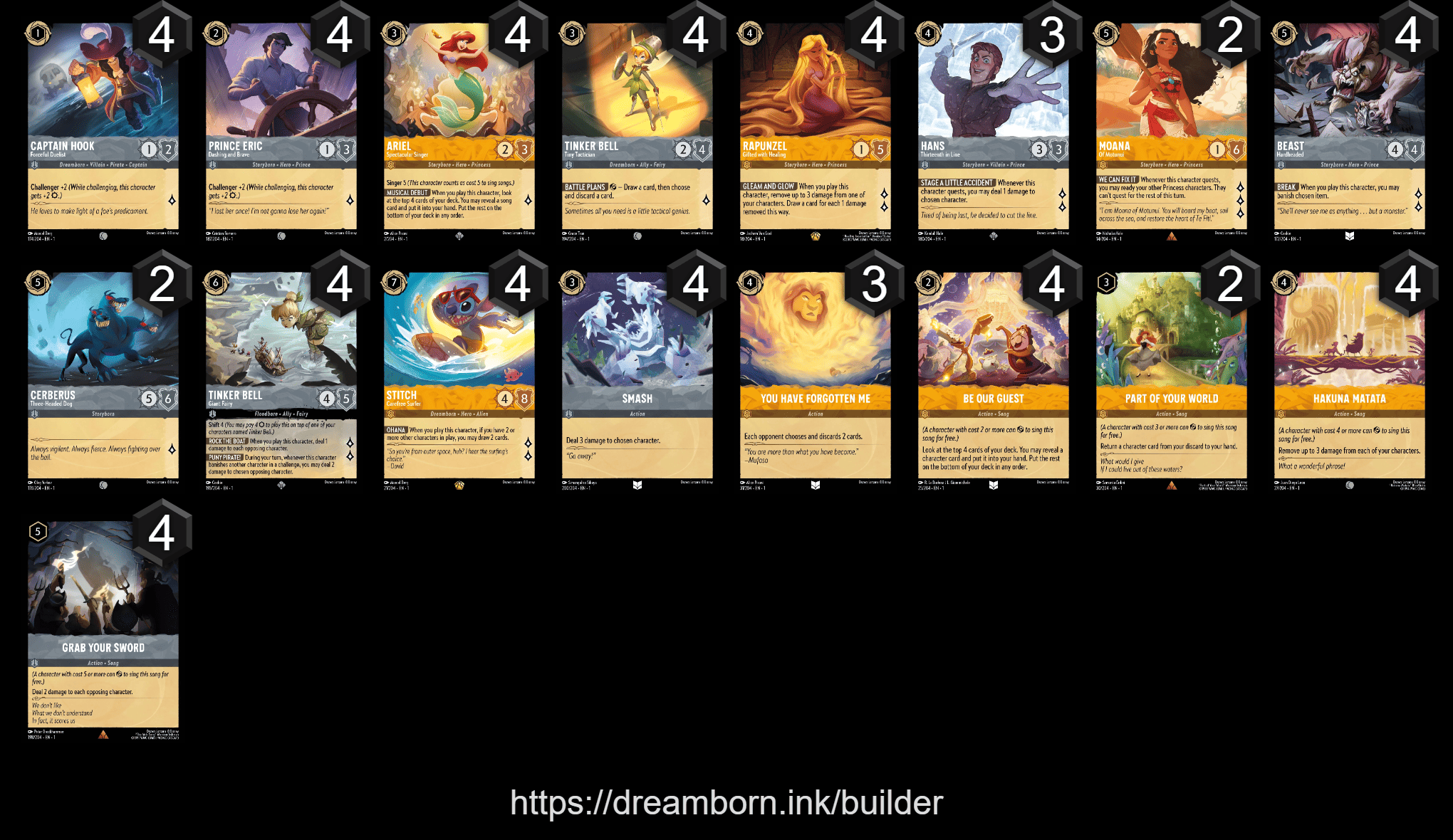 A deck list of Amber Steel Midrange in Disney Lorcana