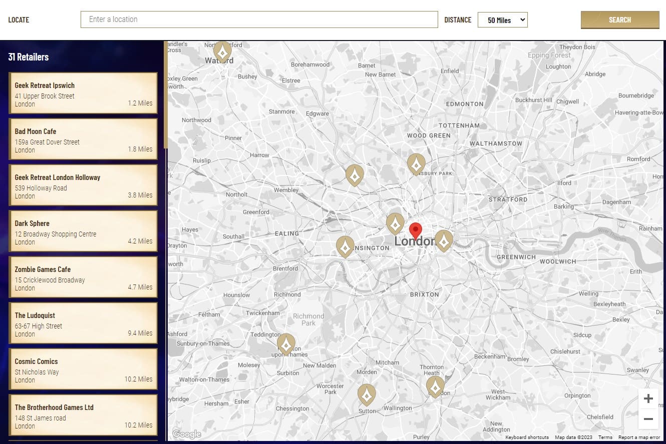A map showing locations in London where to buy Disney Lorcana booster packs and more.