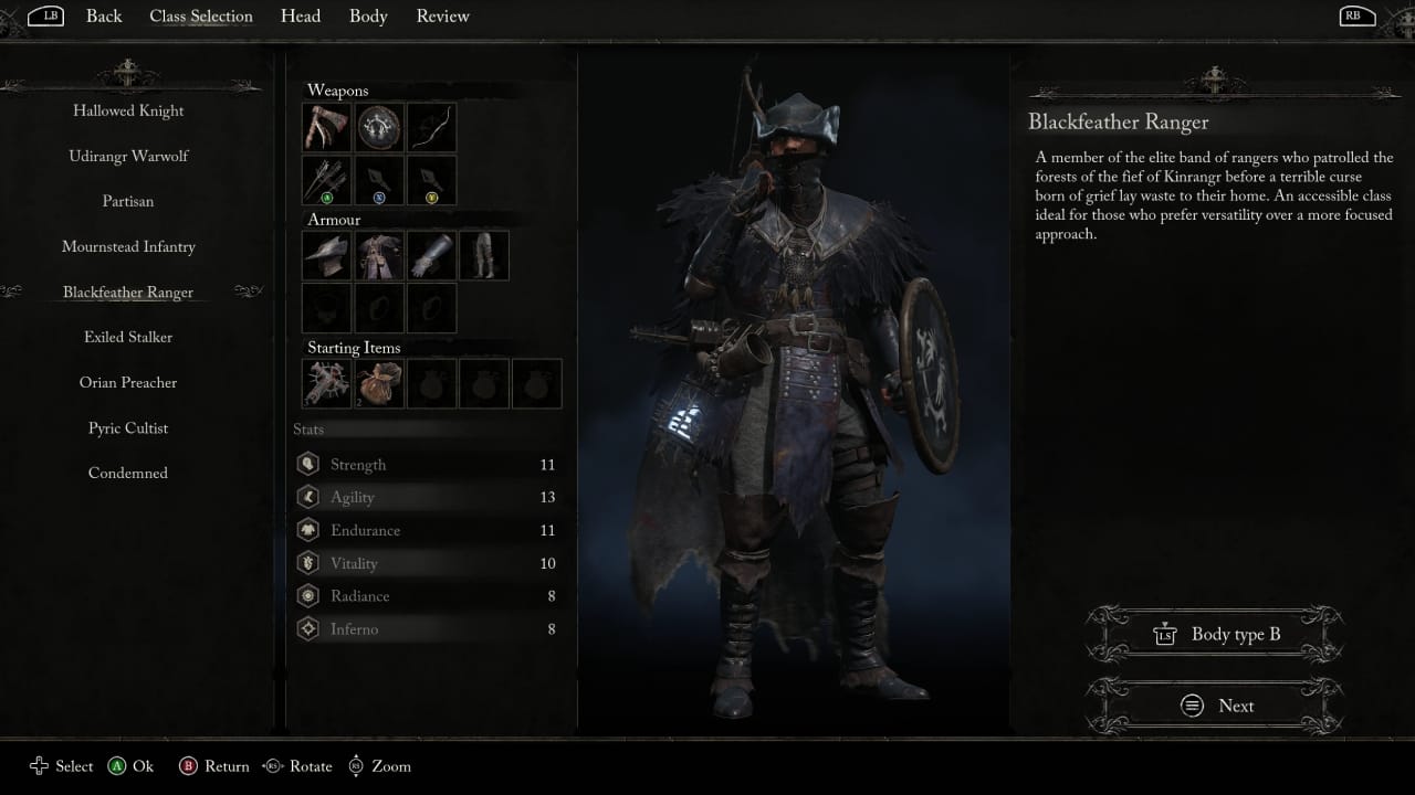 Lords of the Fallen best class and all starting classes explained: Blackfeather Ranger class.