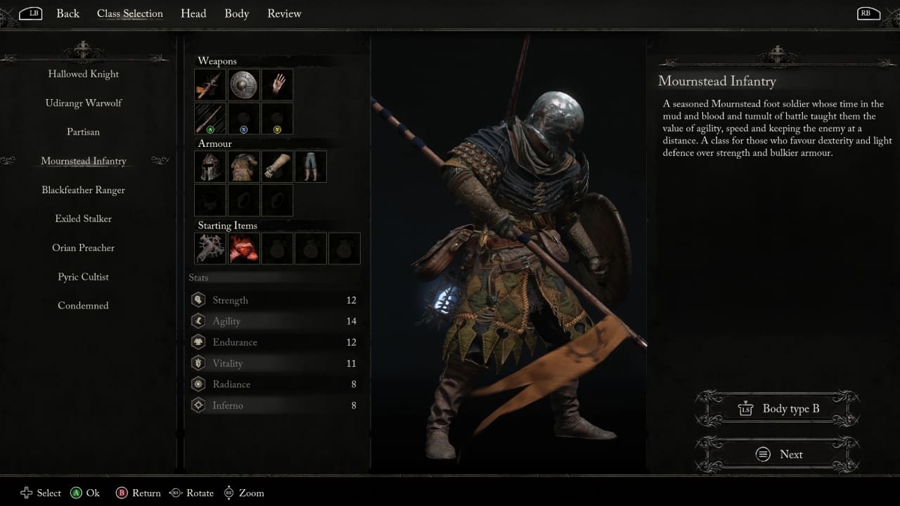 Lords of the Fallen best class and all starting classes explained: Mournstead Infantry class.