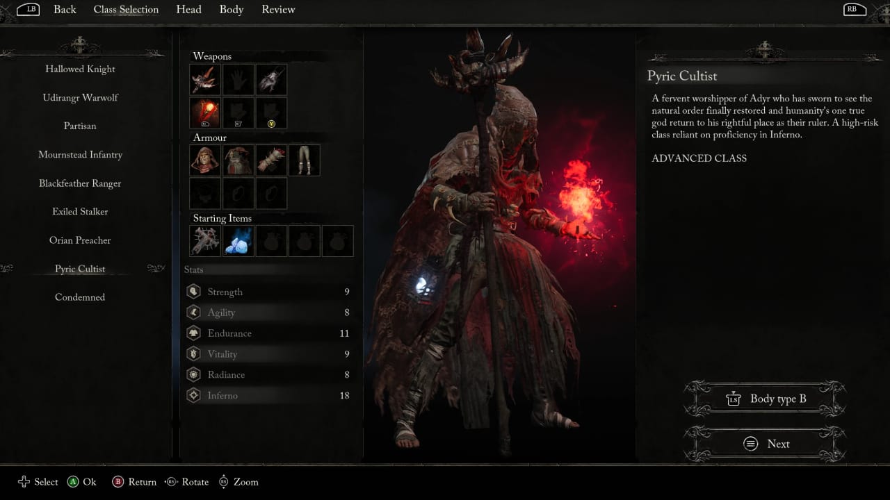 Lords of the Fallen best class and all starting classes explained: Pyric Cultist class.