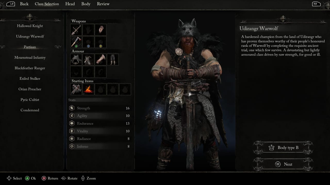 Lords of the Fallen best class and all starting classes explained: Udirangr Warwolf class.