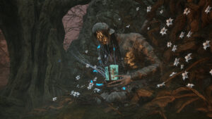 Lords of the Fallen best graphics settings: A detailed, high quality shot of a Vestige kneeling in the forest.