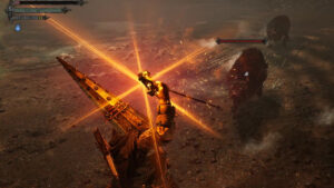 Lords of the Fallen best rings and where to find them: player uses a healing item while fighting dogs in a boss battle.