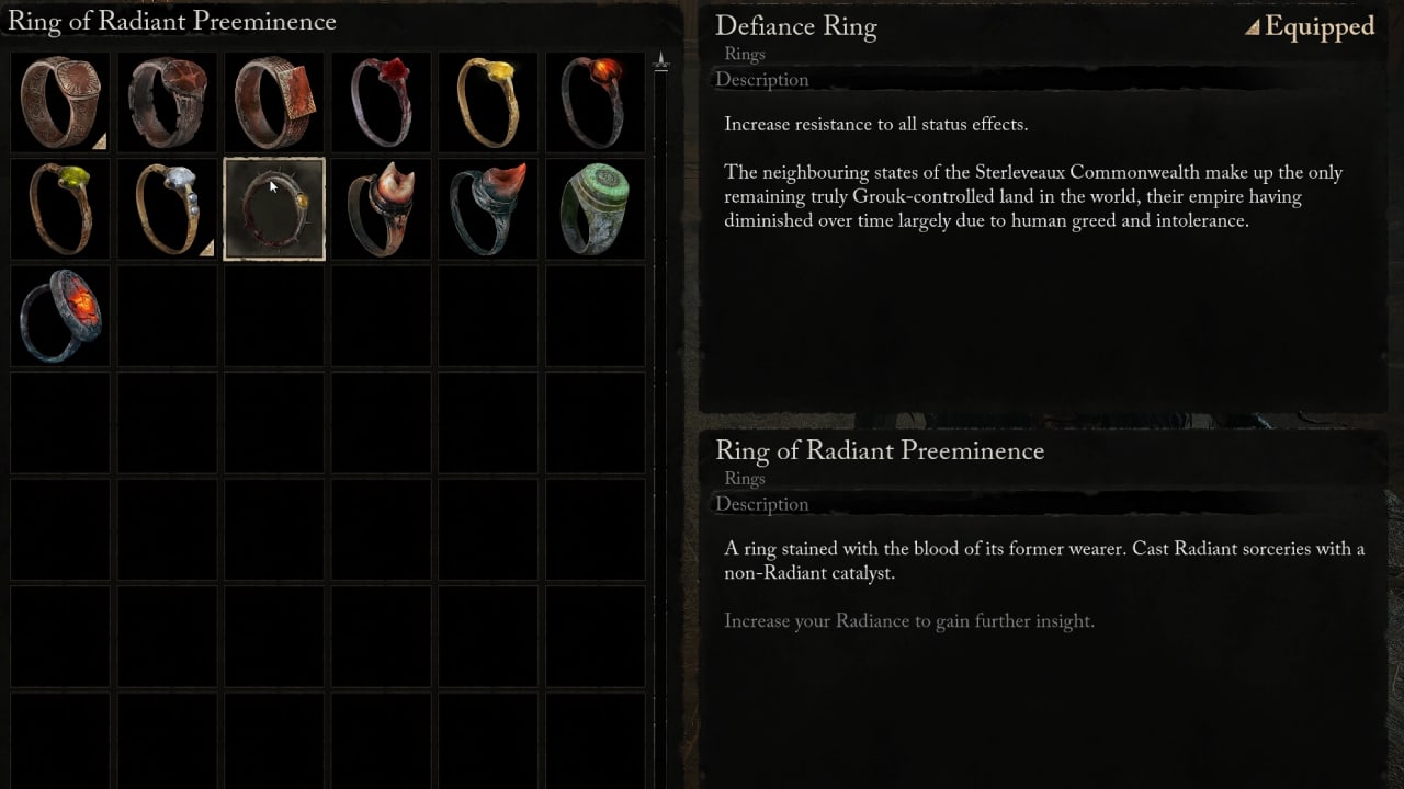 Lords of the Fallen best rings and where to find them: A ring equip menu highlighted on the Ring of Radiant Preeminence.