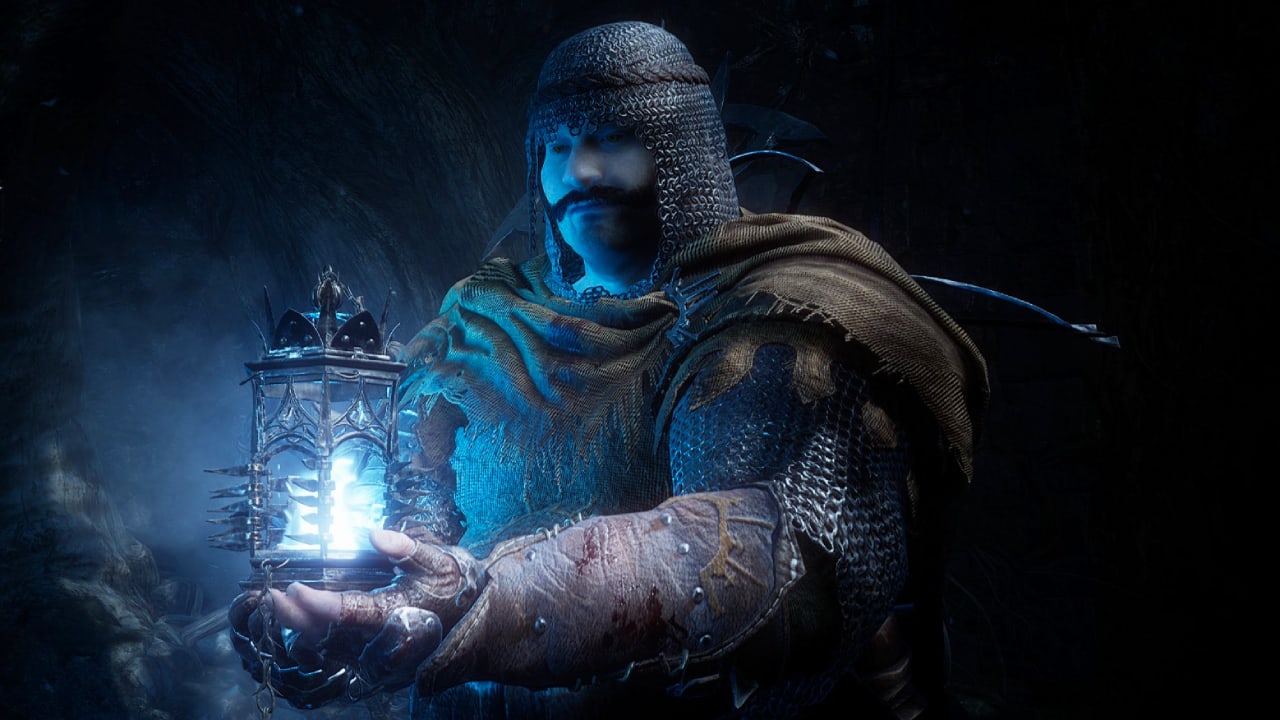 Lords of the Fallen best starting class explained: A player character holding their umbral lantern on the main title menu.