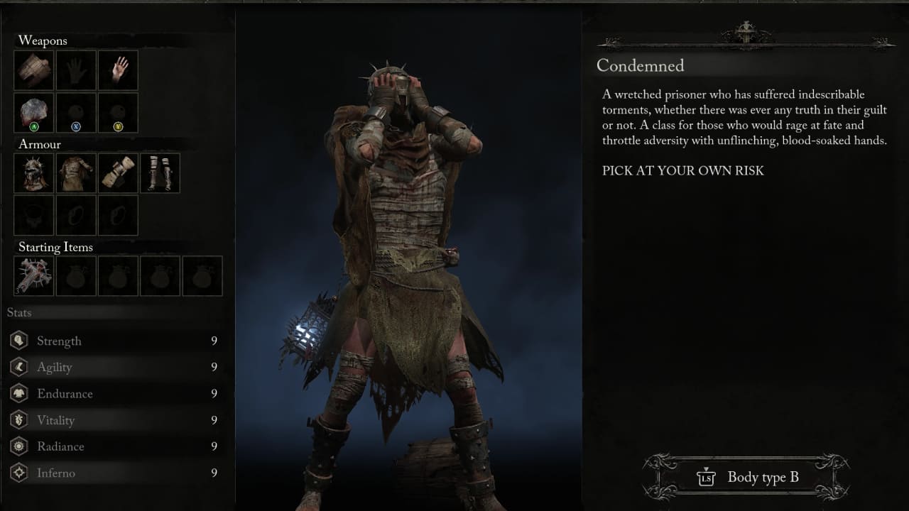 Lords of the Fallen best starting class explained: The Condemned class selected in the class selection menu.