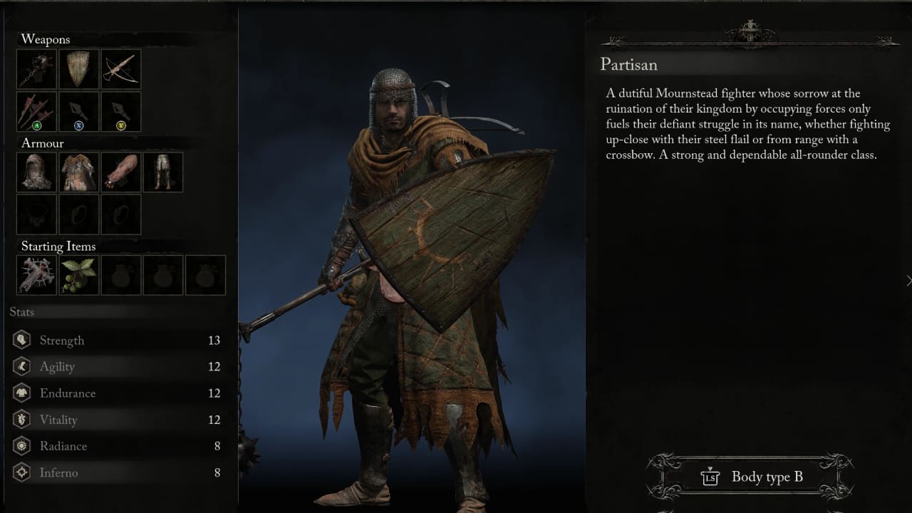 Lords of the Fallen best starting class explained: The Partisan class selected in the starting class selection menu.