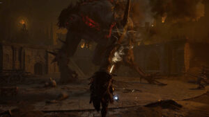 Lords of the Fallen how to beat the Spurned Progeny: A player approaches the boss as he stands up.