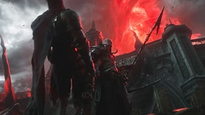 How to kick in Lords of The Fallen: A powerful enemy pushes a knight off of a ledge.