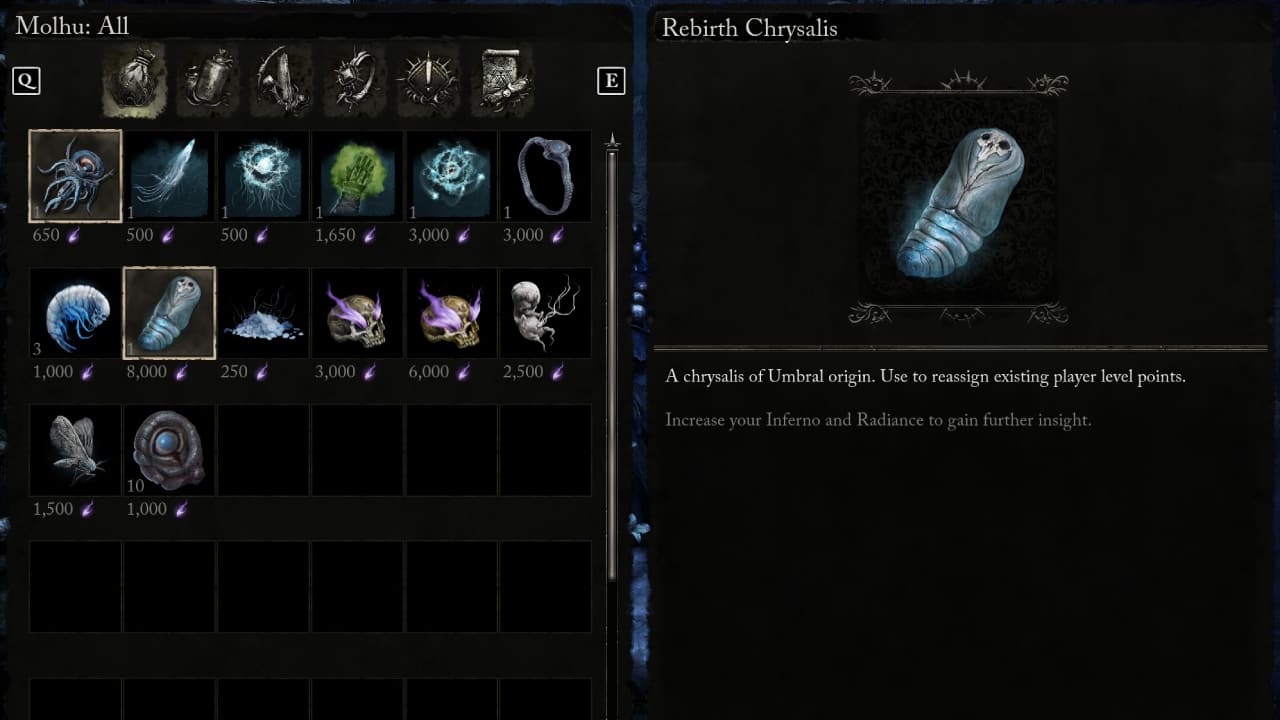 How to respec in Lords of the Fallen: Molhu's shop inventory, highlighted on a Rebirth Chrysalis.