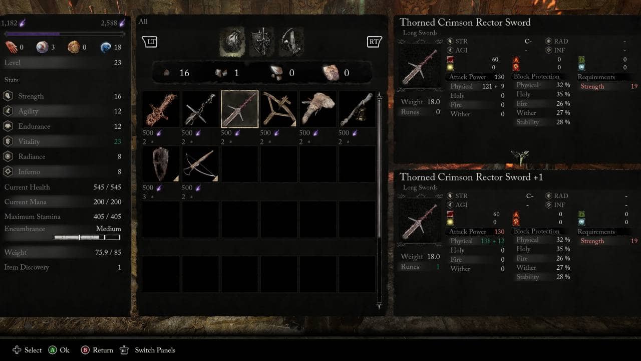 Lords of the Fallen how to upgrade weapons: The weapon upgrading menu.