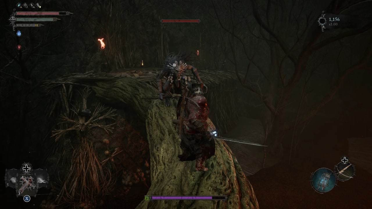 Lords of the Fallen review: A player fights against a swamp folk creature on a large tree root. 