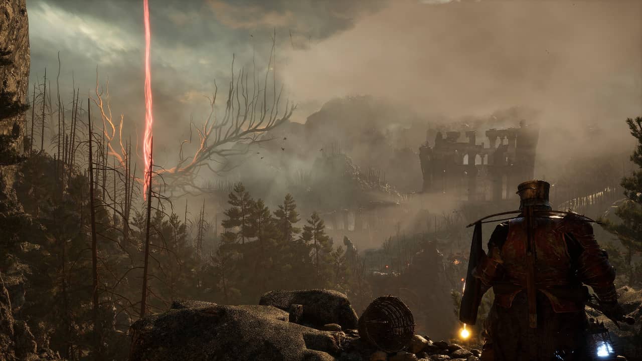 Lords of the Fallen review: A player looks out over a desolate and ruined forest, towards a beam of crimson light emanating from a corrupted tree at the centre of the landscape.
