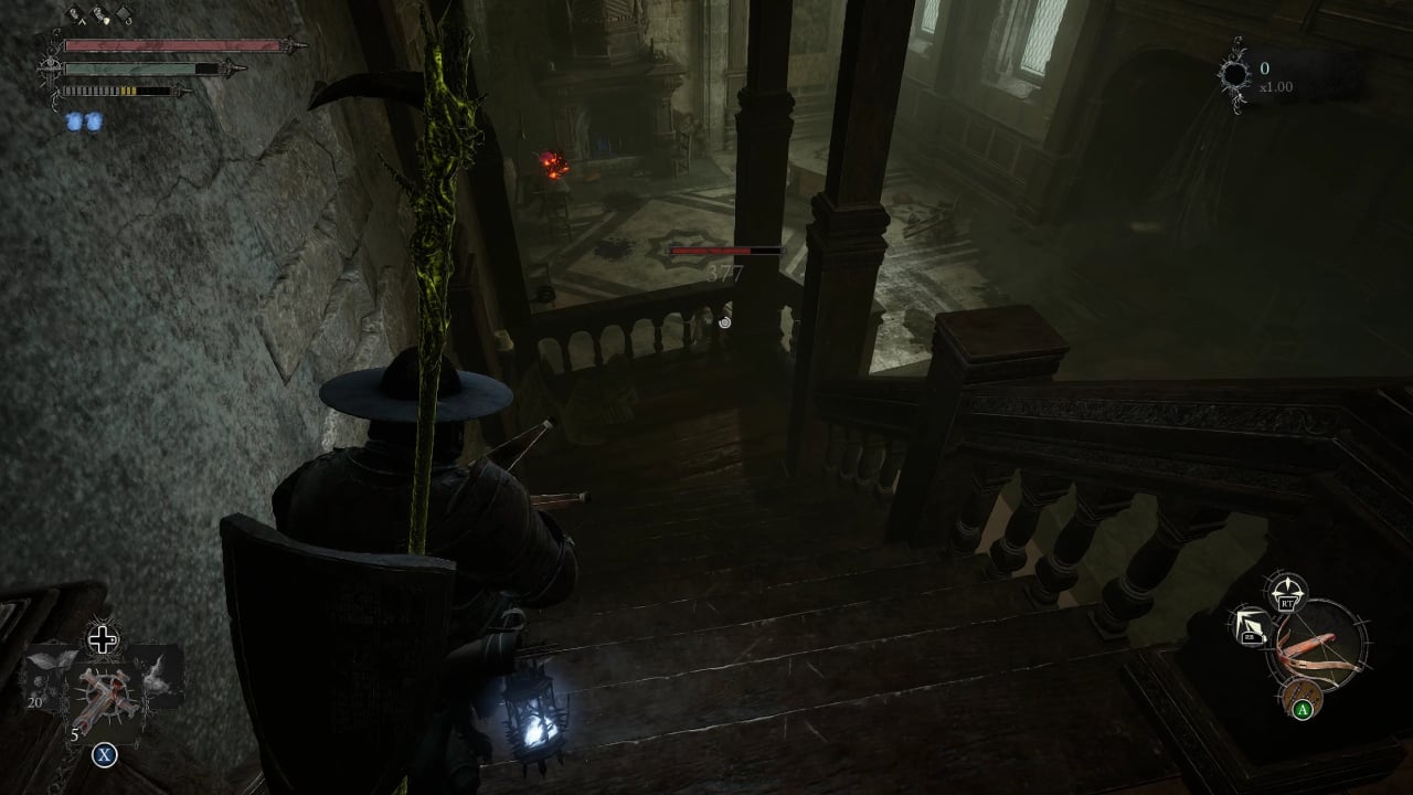 Lords of the Fallen Rune Tablet locations: A player descents the stairs of the manor house in which the Chipped Rune Tablet is found.