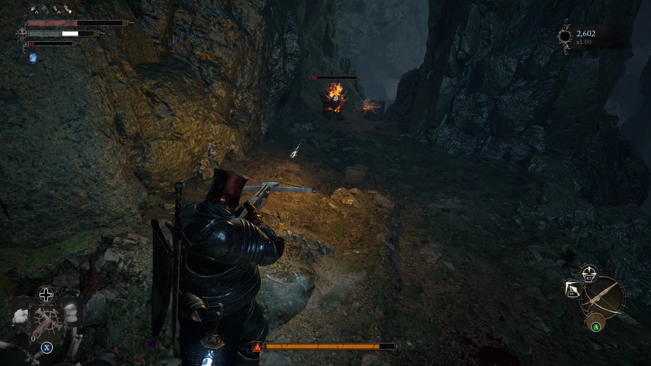 Lords of the Fallen tips and tricks to help you beat the game: A player fires a crossbow bolt at a fire-breathing dog.
