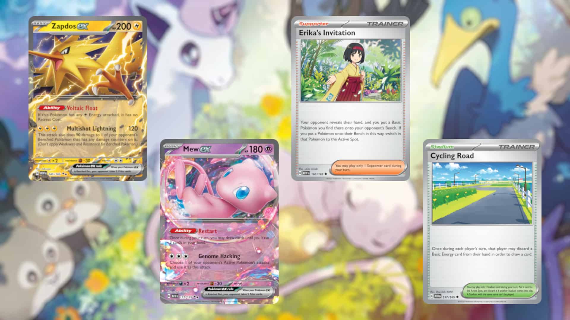 Four Pokemon TCG cards are shown in front of a background.