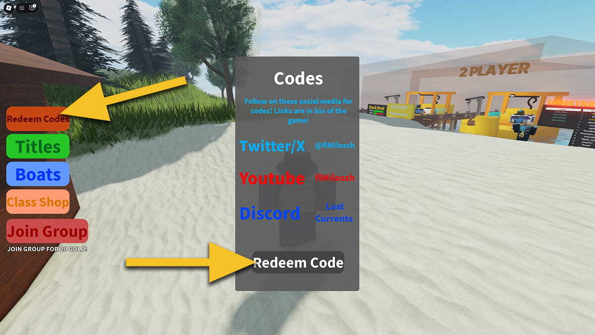 A yellow arrow points at the Redeem Codes button, another yellow arrow points at the text box where the Lost Currents player should enter codes.