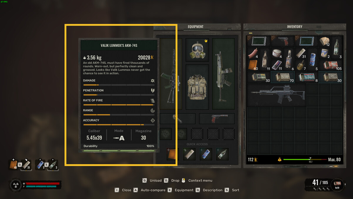Best early game weapons in Stalker 2: inventory menu.