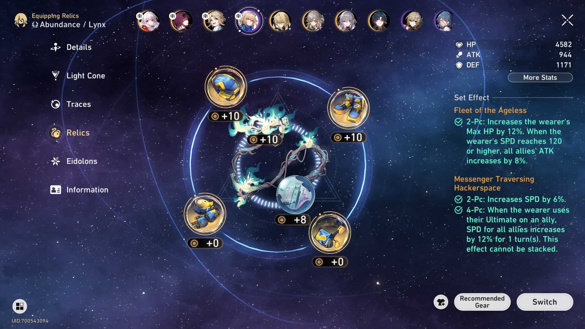 Honkai Star Rail: Lynx best build - showing the relics menu in the character screen.