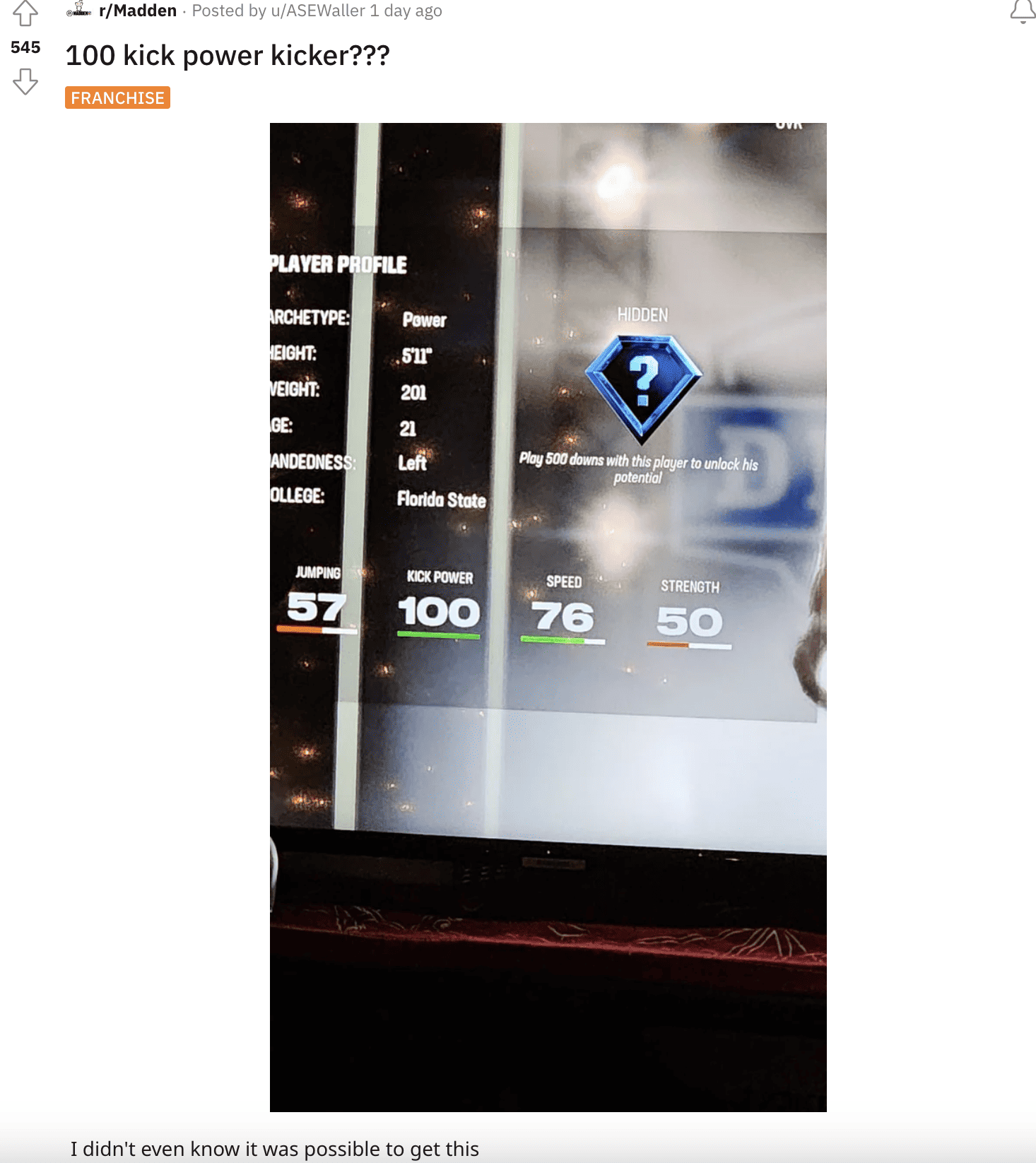 A screen shot of a tv screen with a logo on it showcasing Madden 24 players unveiling the elusive 100 OVR attribute.