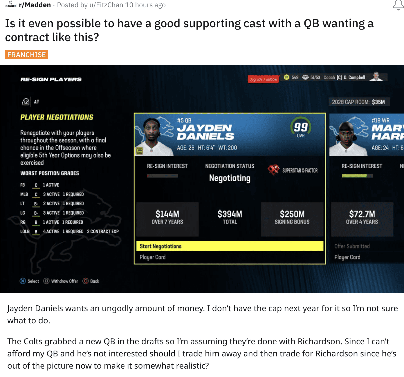 A screenshot displaying a player's stats ignites community debate over a massive Madden 24 contract request.