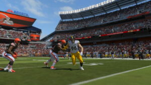 A Madden 24 video game simulation featuring NFL teams playing an intense game in a stadium, with skilled Edge Rushers dominating the field.